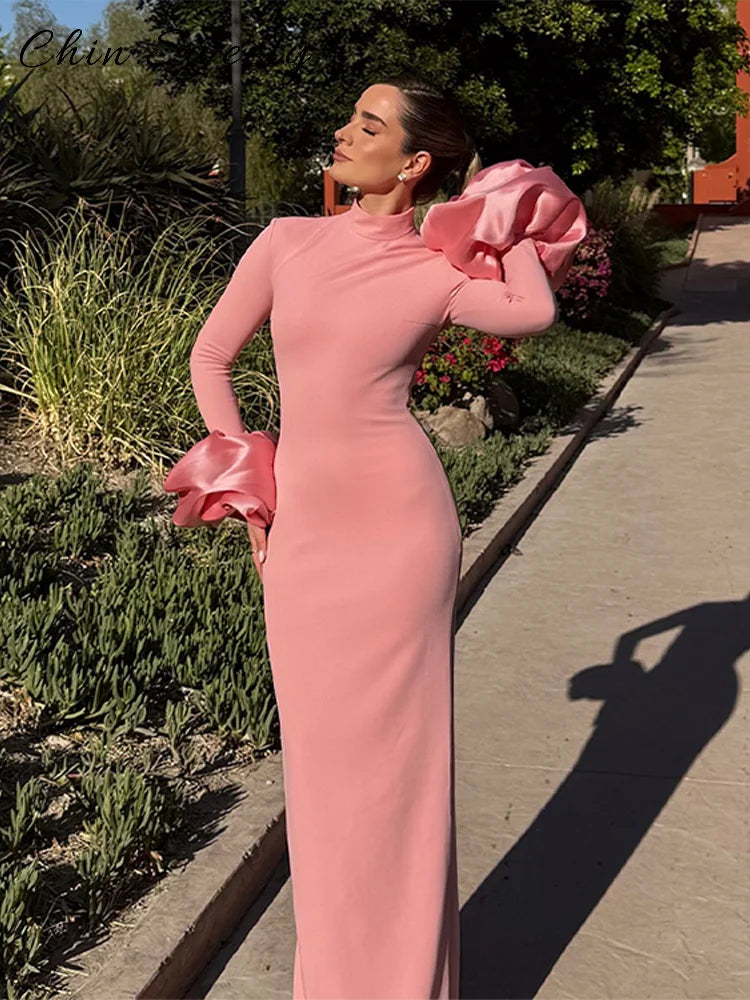 Elegant Puff Sleeve Long Dress Women Pink High Collar Full Sleeve Slim Straight Dresses Female 2026 Spring Lady Chic Party Robes