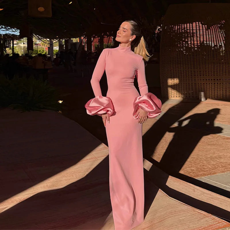 Elegant Puff Sleeve Long Dress Women Pink High Collar Full Sleeve Slim Straight Dresses Female 2026 Spring Lady Chic Party Robes