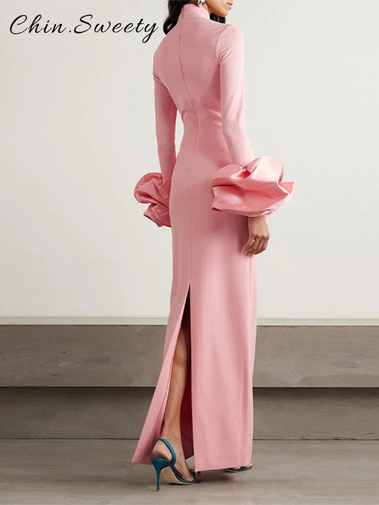 Elegant Puff Sleeve Long Dress Women Pink High Collar Full Sleeve Slim Straight Dresses Female 2026 Spring Lady Chic Party Robes